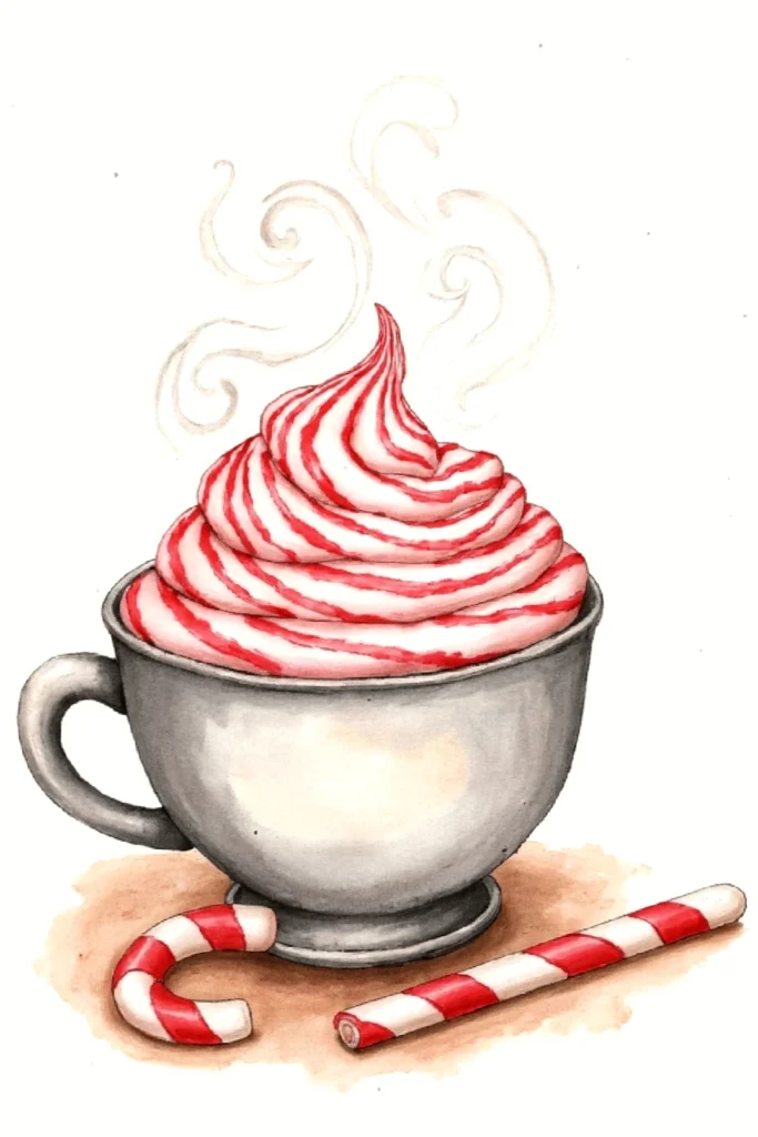 Illustration of a steaming cup with peppermint swirl cream and candy canes.