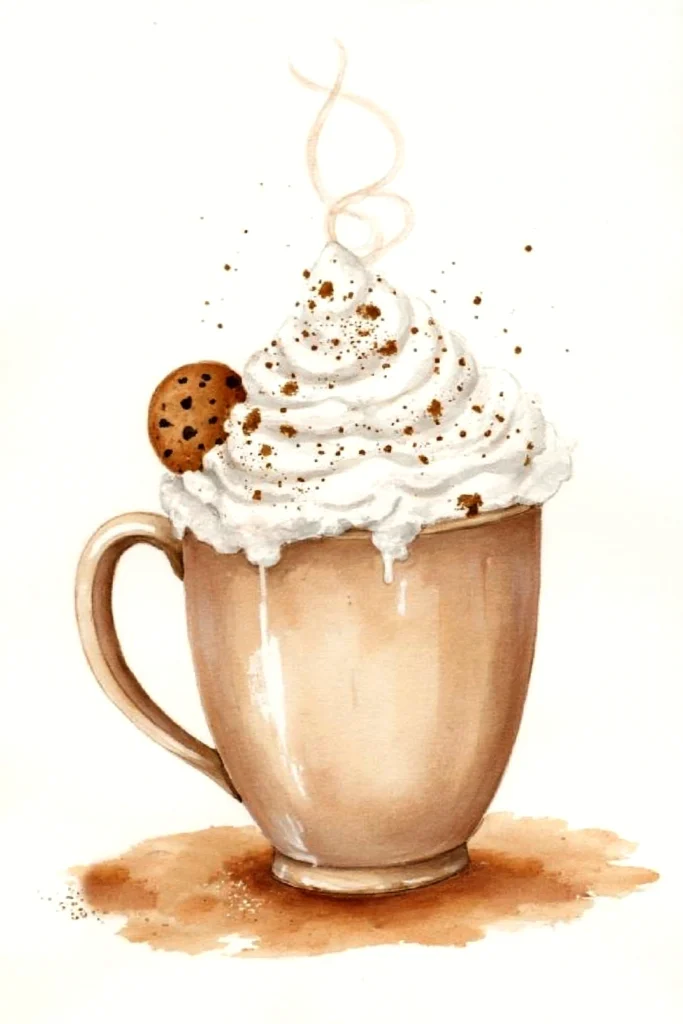 Steaming hot chocolate with whipped cream and cookie in a cozy mug illustration.