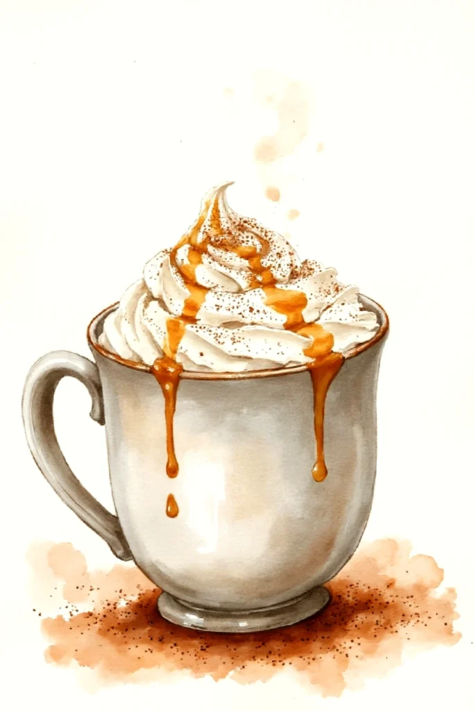 Illustration of a coffee cup with creamy whipped topping drizzled in caramel, ideal for fall-themed cafe blogs.