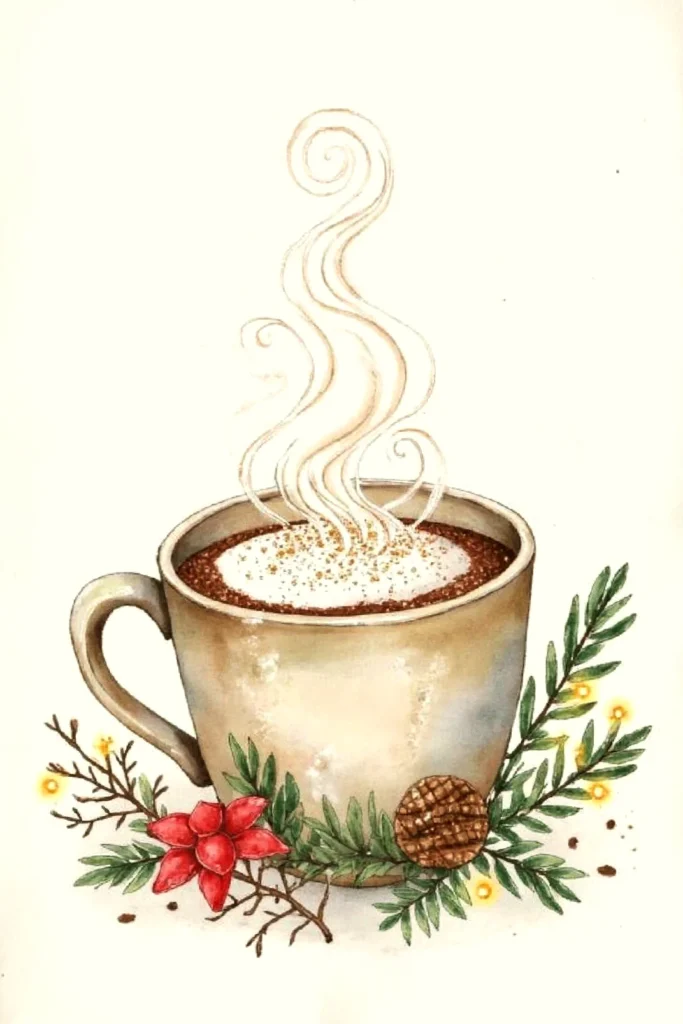 Steaming cup of hot cocoa with festive holly and pine cone decorations, perfect for cozy winter moments.