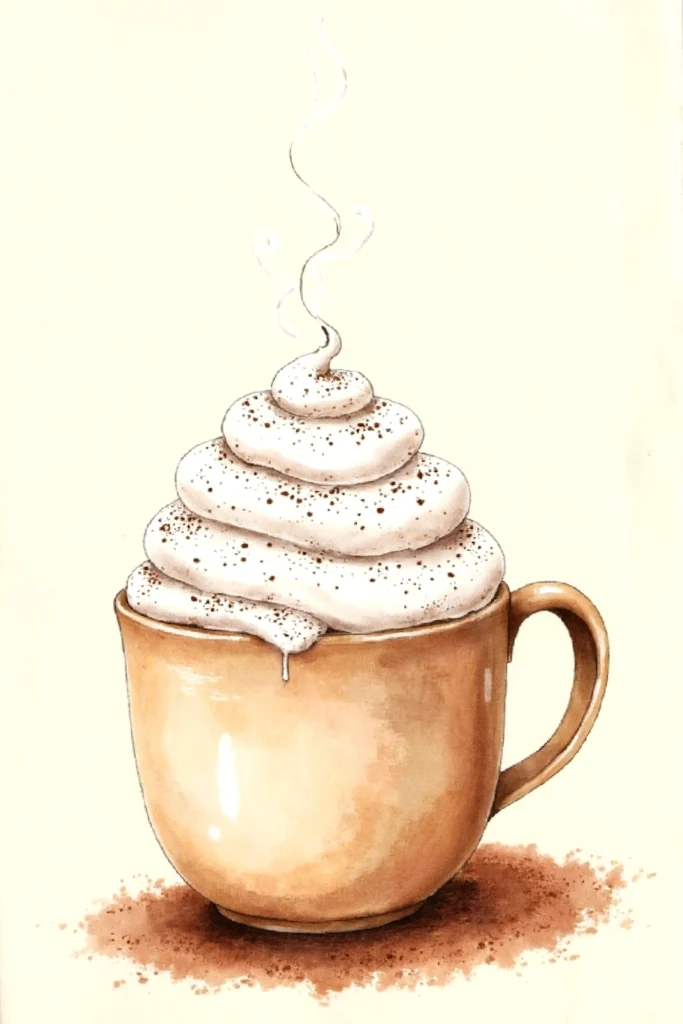 Illustration of a steaming cappuccino in a mug topped with whipped cream and sprinkles.