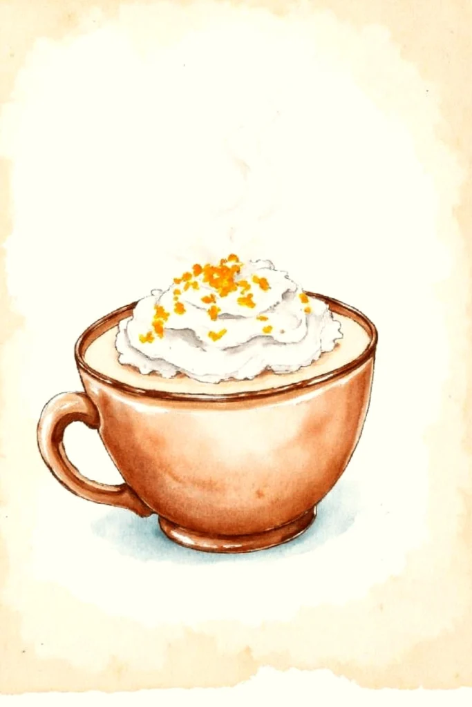 Watercolor coffee cup with whipped cream and orange zest garnish, on a warm-toned background.