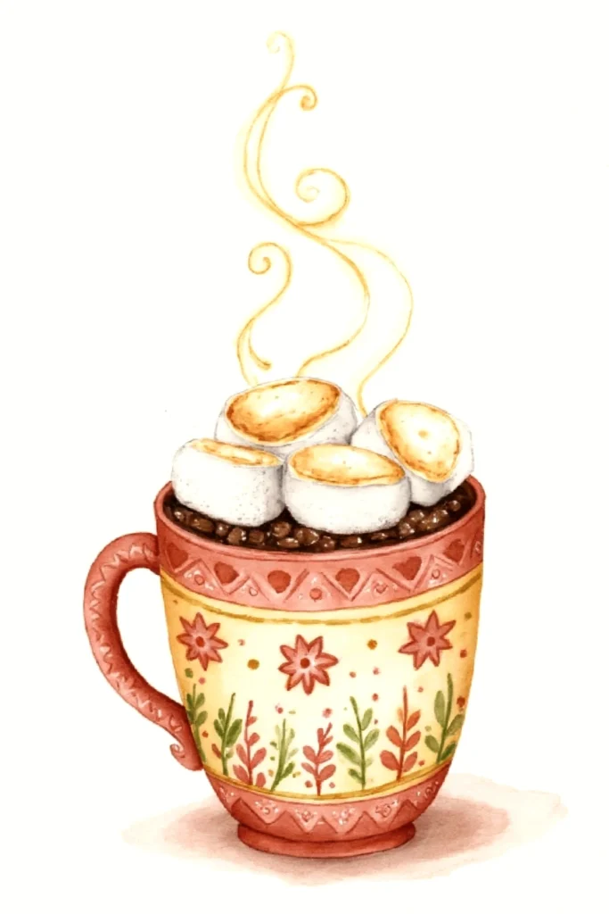 Illustrated hot chocolate in floral mug with marshmallows and steam swirls. Cozy winter drink in decorative cup.