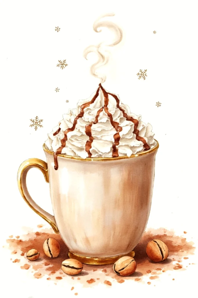 Illustration of a steaming coffee cup with whipped cream and chocolate drizzle, surrounded by coffee beans and snowflakes.