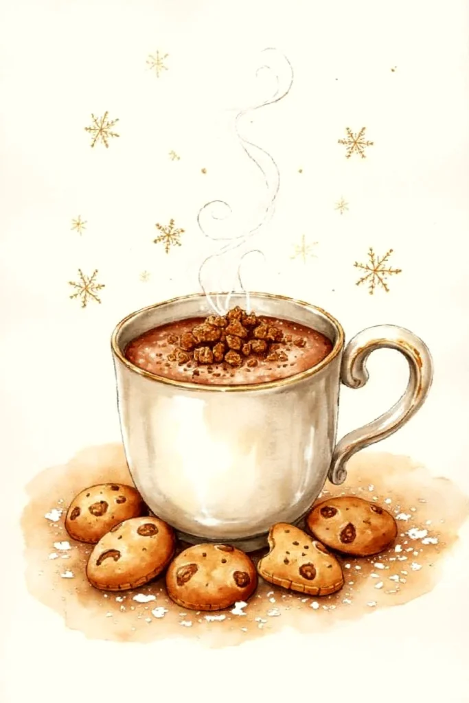 Illustration of a steaming mug of cocoa with cookies, surrounded by golden snowflakes on a cream background.