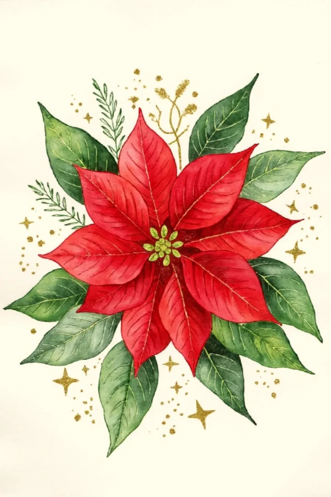 Watercolor poinsettia with vibrant red and green leaves, surrounded by gold stars, conveying festive holiday spirit.