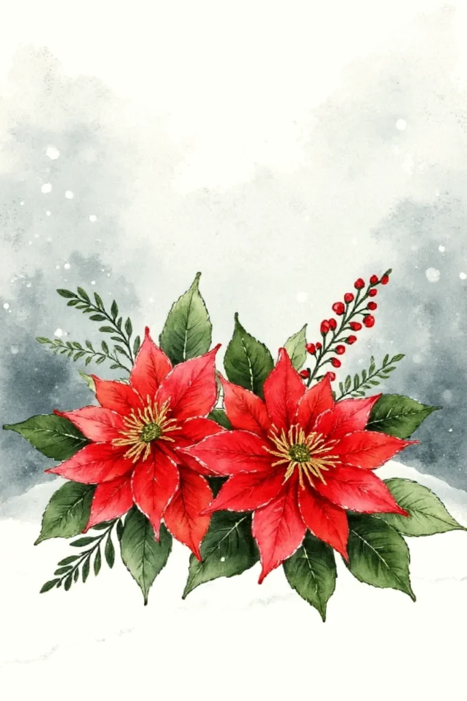 Watercolor poinsettias with red flowers and green leaves on a snowy background, festive and elegant holiday illustration.