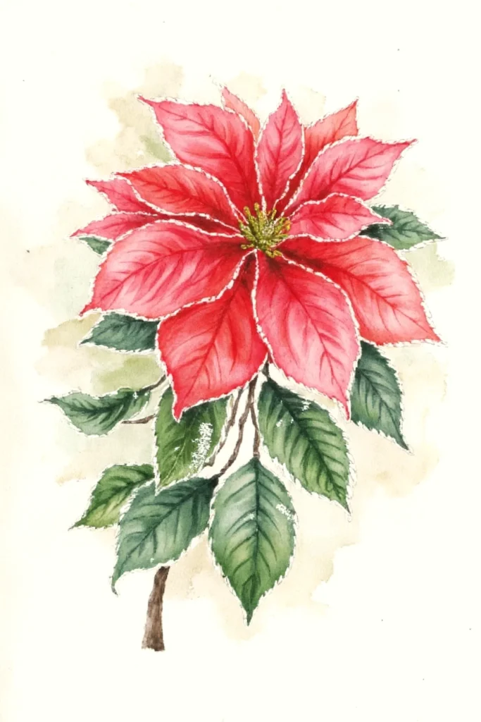 Watercolor painting of a vibrant red poinsettia flower with lush green leaves on a white background.