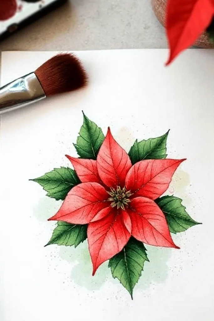 Watercolor poinsettia painting with red petals and green leaves, alongside a paintbrush on a paper canvas.