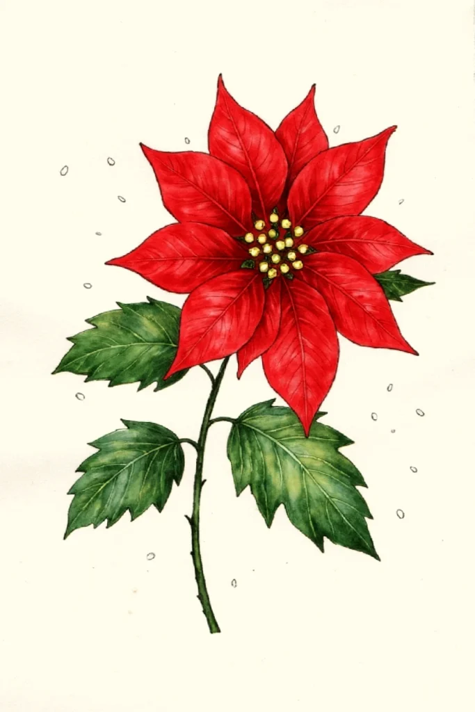 Illustration of a vibrant red poinsettia with green leaves, symbolizing holiday cheer.