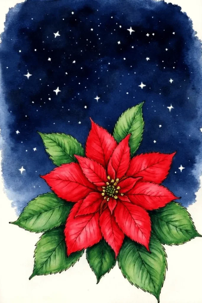 Red poinsettia with green leaves against a starry night sky, watercolor artwork depicting holiday beauty.