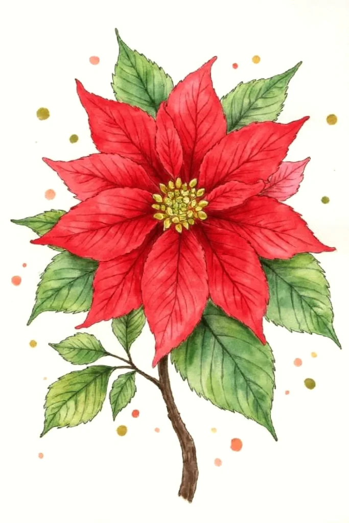 Watercolor illustration of a vibrant red poinsettia with green leaves, perfect for Christmas-themed designs.