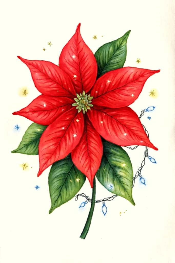 Red poinsettia with green leaves and Christmas lights, surrounded by small stars on a cream background.