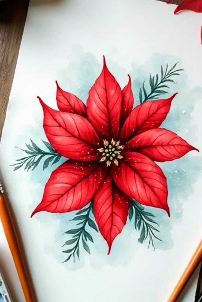 Watercolor red poinsettia illustration on paper with paintbrushes.