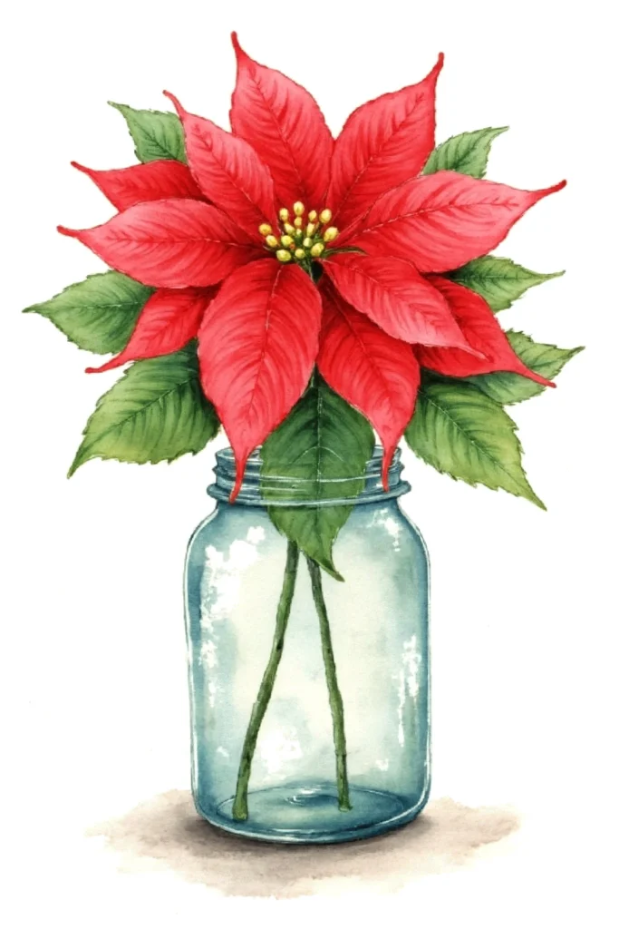 Watercolor painting of a vibrant red poinsettia flower in a clear mason jar vase with green leaves.
