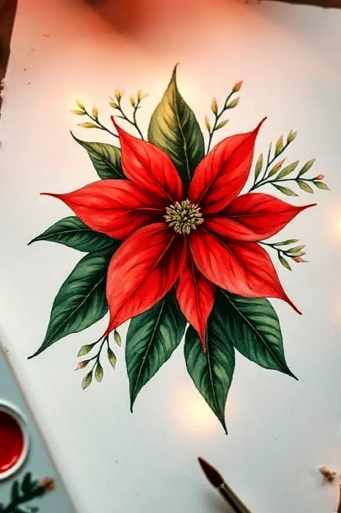 Illustration of a vibrant red poinsettia with green leaves, perfect for holiday decoration themes.