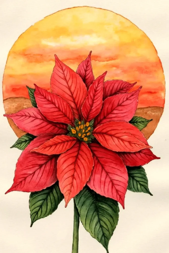 Red poinsettia with green leaves in front of a vibrant sunset watercolor background.