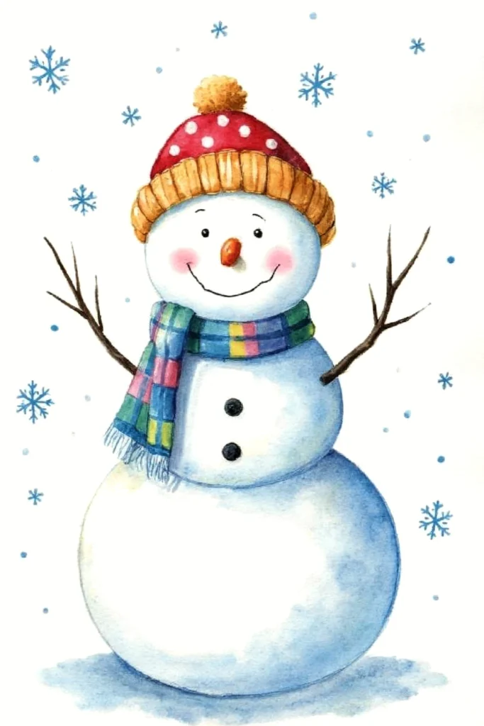 Cheerful snowman wearing a red hat and colorful scarf with falling snowflakes in a winter scene.