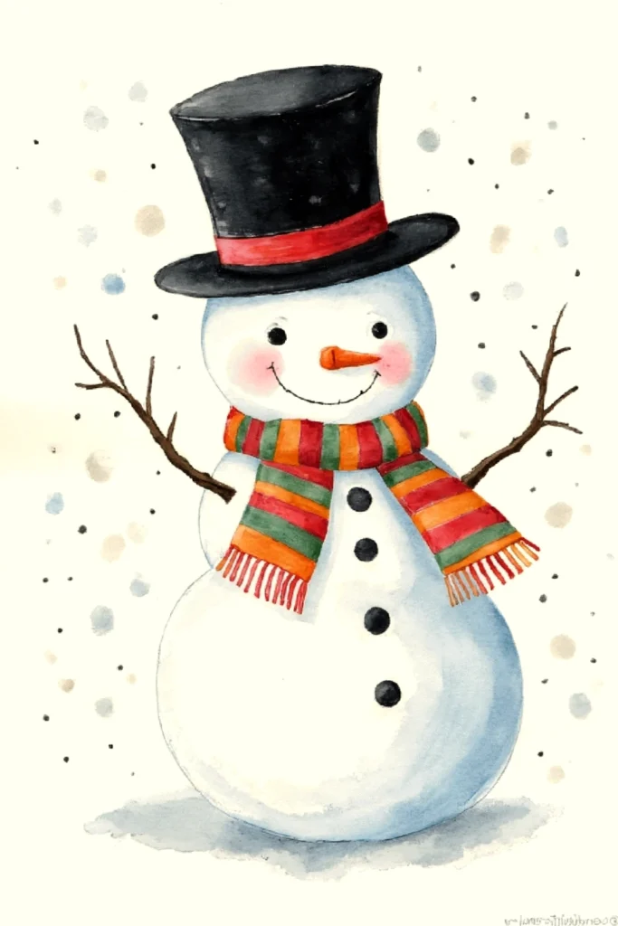 Cheerful snowman with a top hat and colorful scarf in snowy setting.