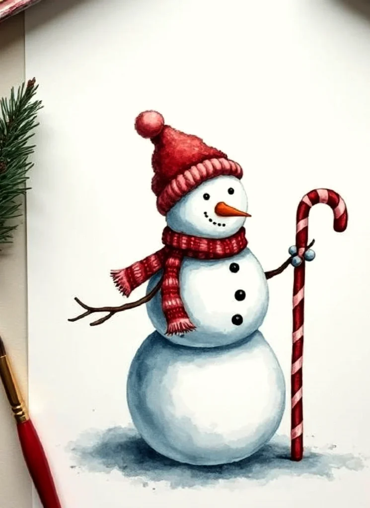 Cheerful snowman with red hat, scarf, and candy cane, next to pine branches, perfect for Christmas decoration.