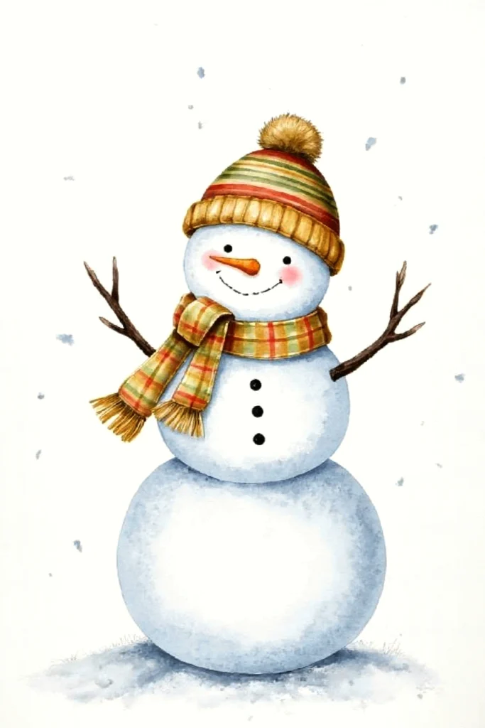 Cheerful snowman with a striped hat and scarf, twig arms, and a carrot nose, surrounded by falling snow.