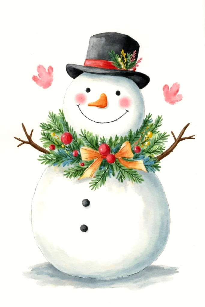 Cheerful snowman with a top hat, carrot nose, and festive wreath, spreading holiday joy.