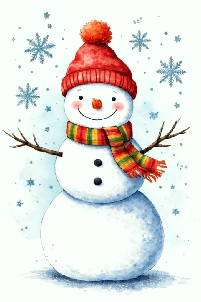 Cheerful snowman with a red hat and striped scarf, surrounded by snowflakes.