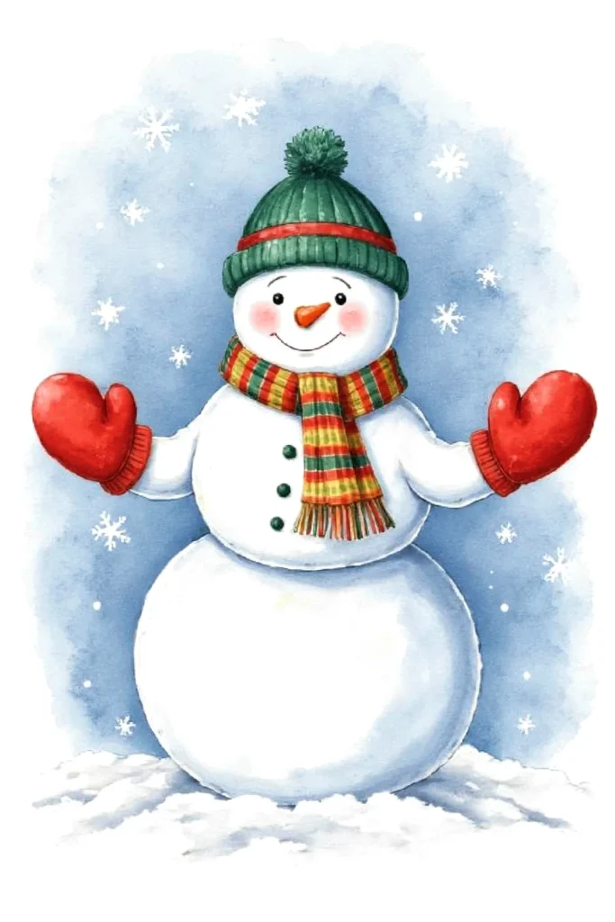 Cute snowman with a green hat and red gloves in a snowy scene, perfect for winter and holiday themes.