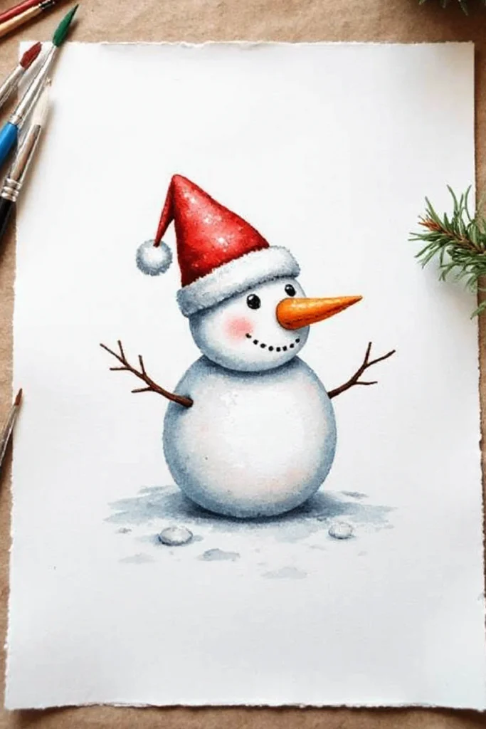 Drawing of a smiling snowman in a red Santa hat, with brushes nearby on paper, festive holiday art scene.