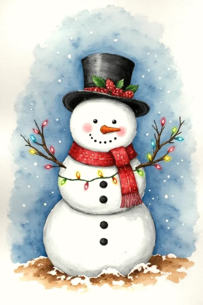 Watercolor snowman with top hat, red scarf, and colorful lights. Winter holiday theme with snowy background.