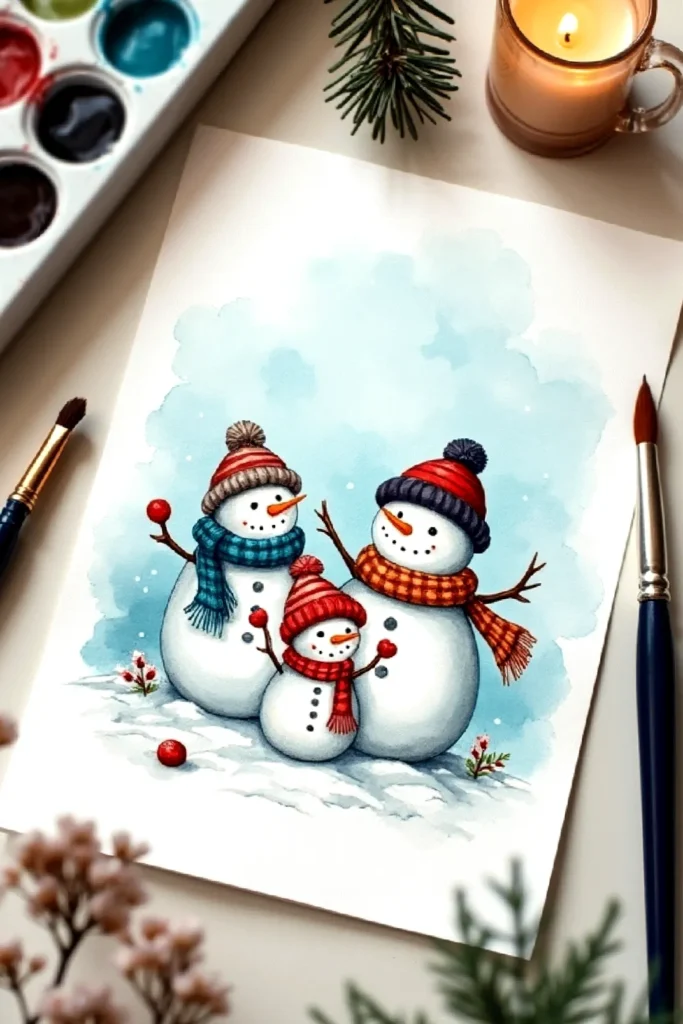 Whimsical snowman family watercolor painting with brushes, candle, and twigs on a festive winter scene.