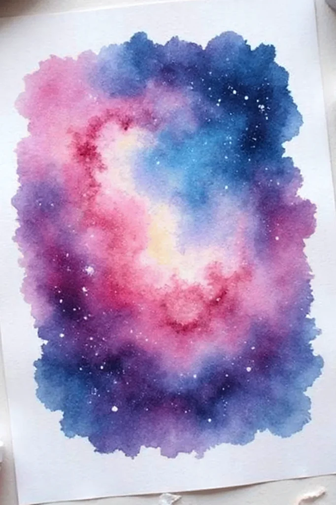 Vibrant watercolor galaxy painting with pink, blue, and purple hues, resembling cosmic nebula and stars.