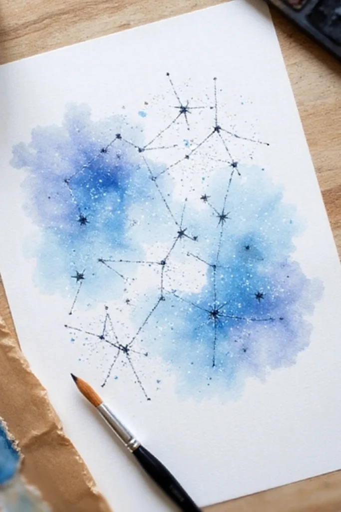 Watercolor constellation art on paper with a paintbrush. Blue and white celestial theme with starry details.