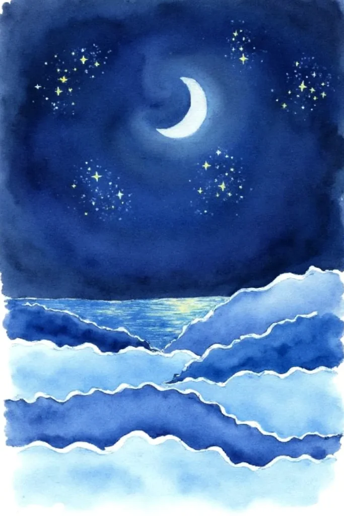 Watercolor night scene: crescent moon, stars, and ocean waves under a deep blue sky.