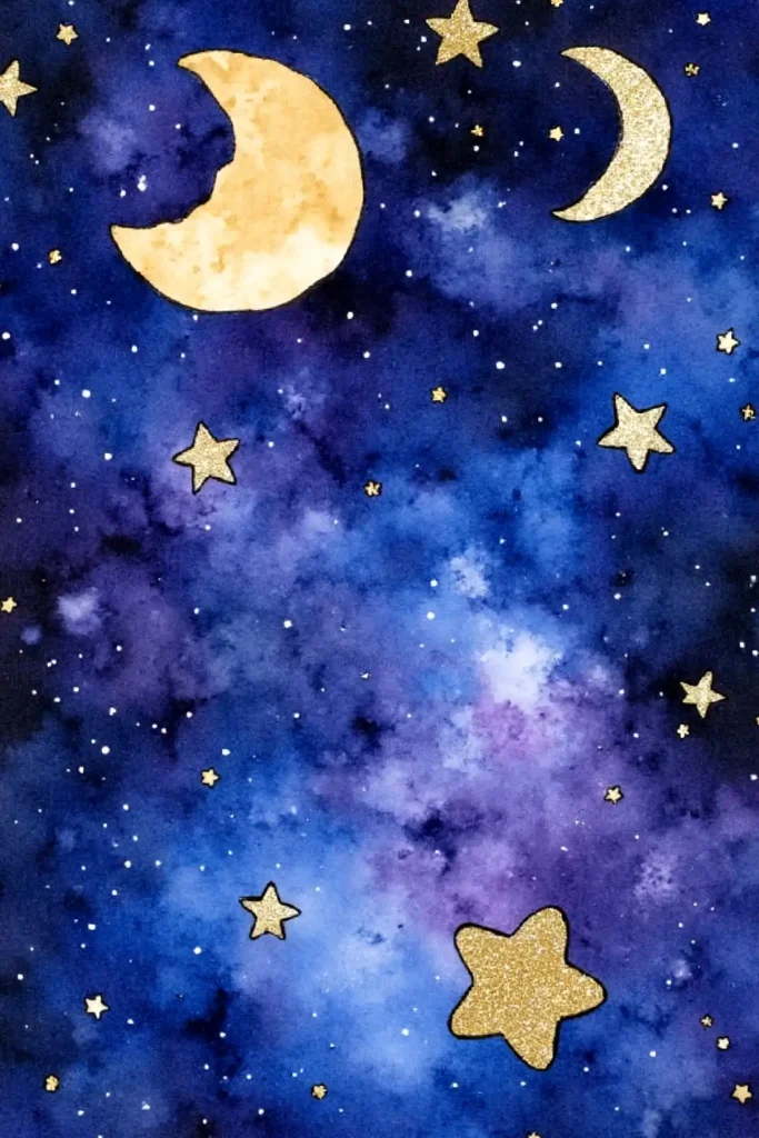 Whimsical night sky painting with golden stars and crescent moons on a deep blue and purple galaxy background.