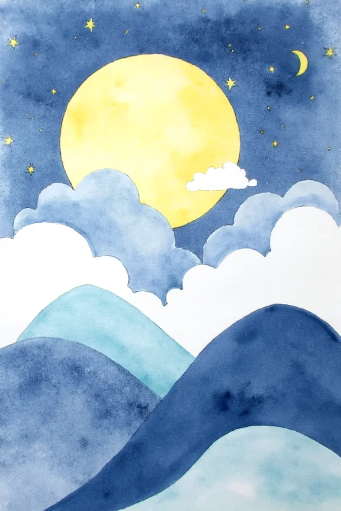 Watercolor night sky with a full moon, clouds, and starry background over blue mountains.