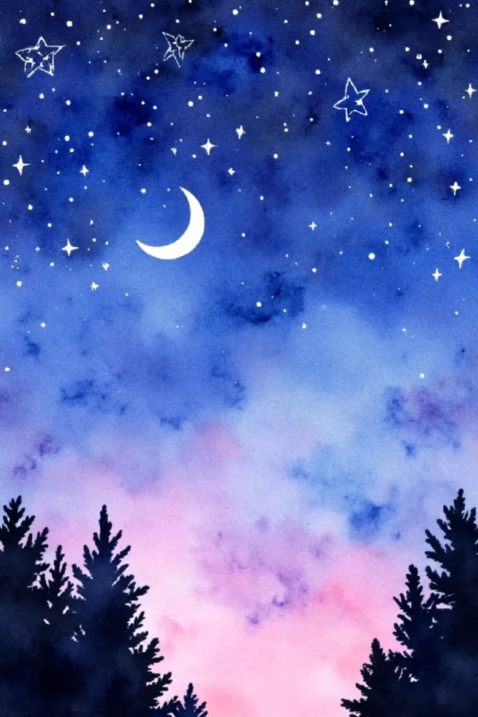 Watercolor night sky with crescent moon, stars, and silhouetted trees on a pink and blue background.