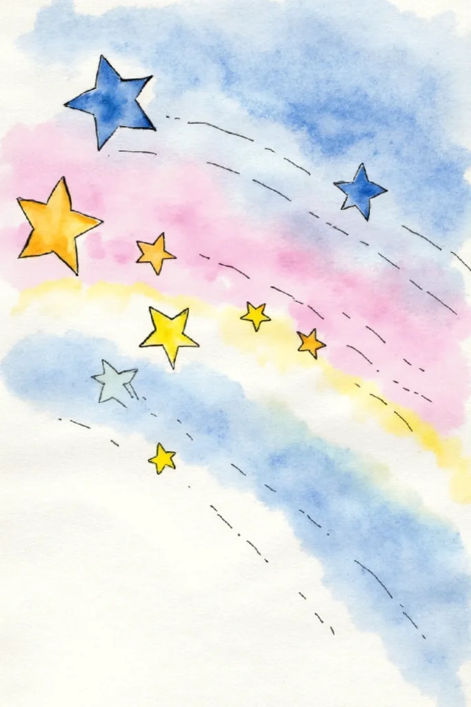 Colorful watercolor stars with rainbow trails in a whimsical sky illustration.