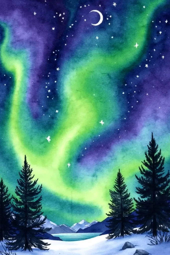 Aurora borealis over a snowy landscape with silhouetted trees, mountains, and a crescent moon in a starry night.