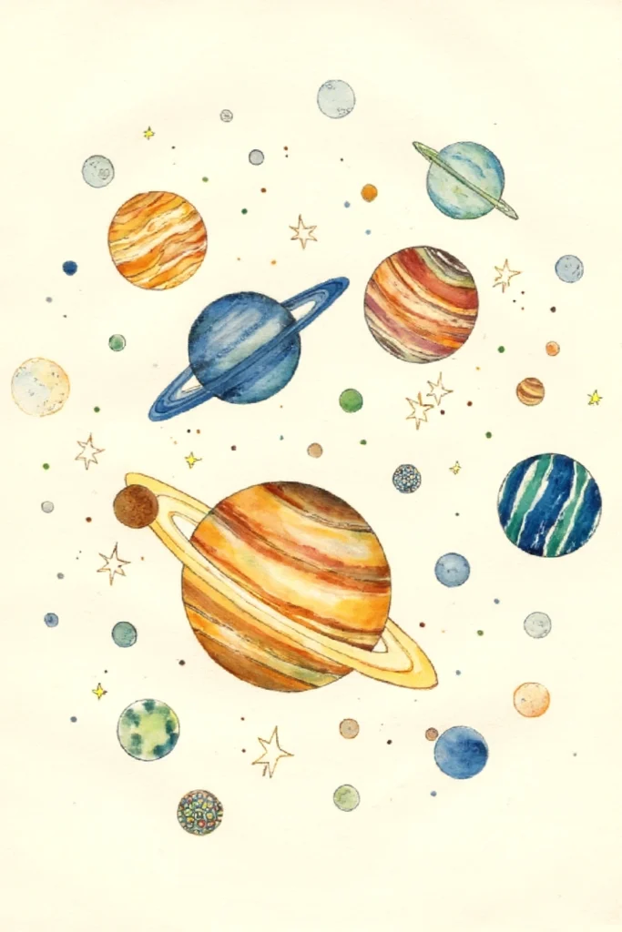Watercolor illustration of colorful planets and stars in space. Whimsical celestial art.