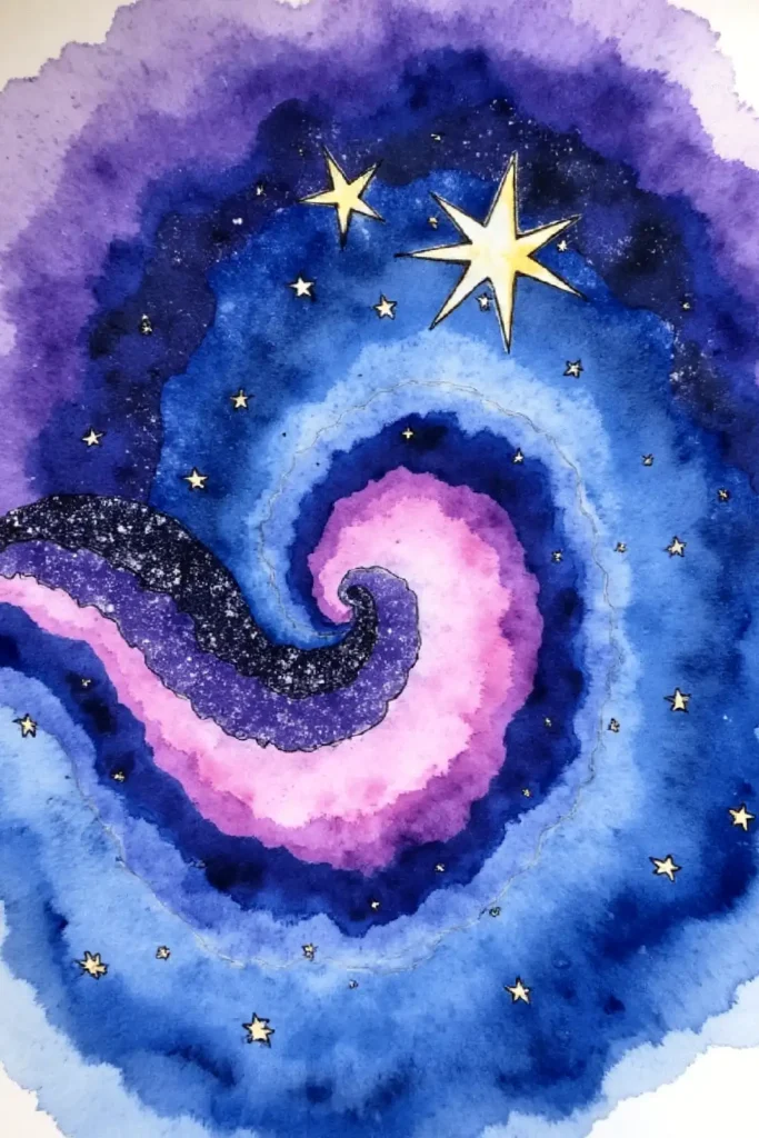Colorful galaxy spiral watercolor with stars, blending blues, purples, and pink tones in a cosmic swirl.