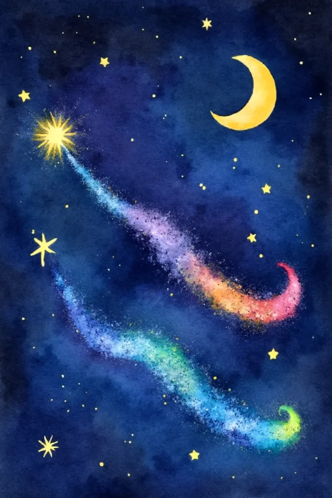 Colorful night sky with crescent moon, stars, and vibrant shooting stars on a deep blue background.