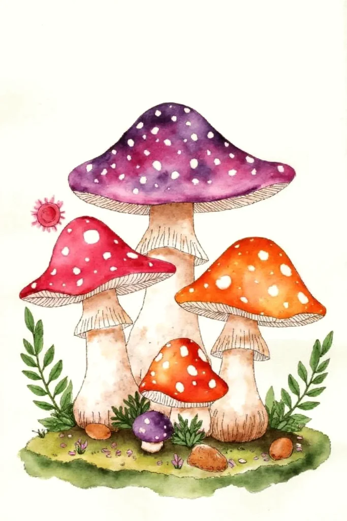 Whimsical watercolor illustration of colorful, spotted mushrooms on a grassy patch with small plants and pebbles.