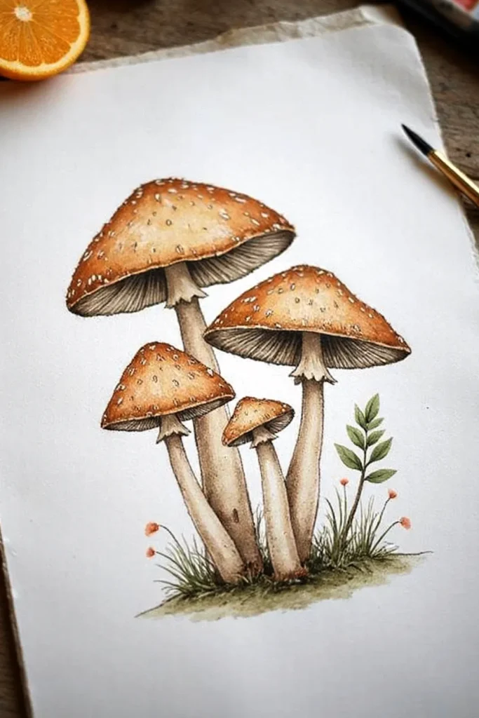 Illustration of a cluster of brown mushrooms on paper, surrounded by grass and small plants, with a paintbrush nearby.