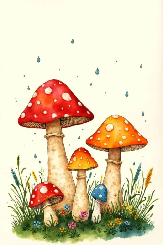 Illustration of colorful mushrooms with spotted caps in a grassy field, surrounded by raindrops and small flowers.