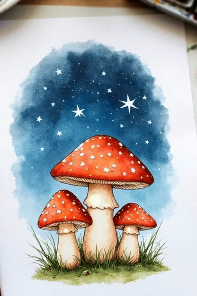Illustration of red mushrooms under a starry night sky, surrounded by grass. Enchanting watercolor artwork.