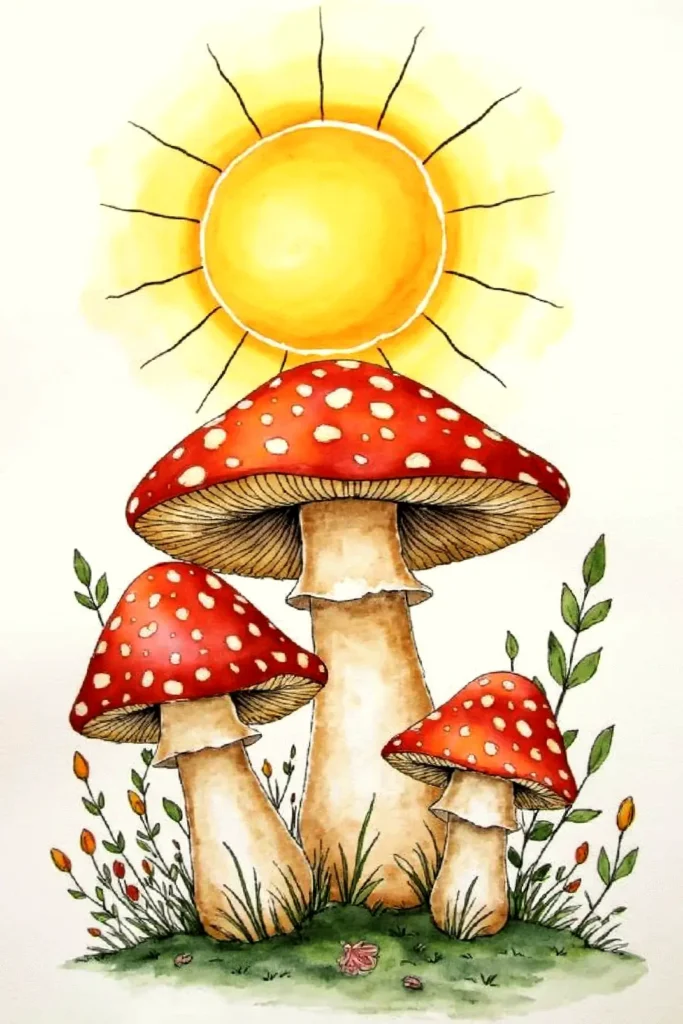 Three red mushrooms under a bright yellow sun, surrounded by grass and leaves in a whimsical illustration.