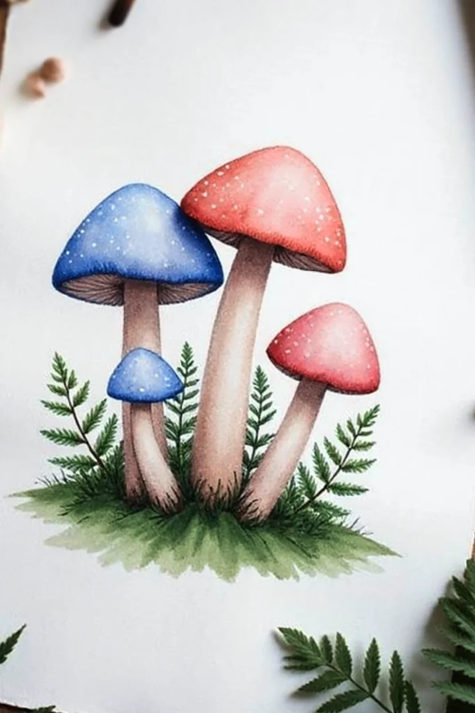 Colorful mushrooms watercolor illustration with blue and pink caps surrounded by green ferns on a white background.