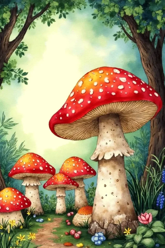 Illustration of vibrant red mushrooms with white spots in a lush forest setting, surrounded by green foliage.