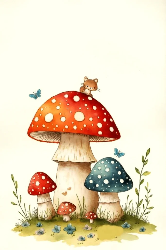 Cute cat on a red mushroom with butterflies and smaller mushrooms in a whimsical scene.